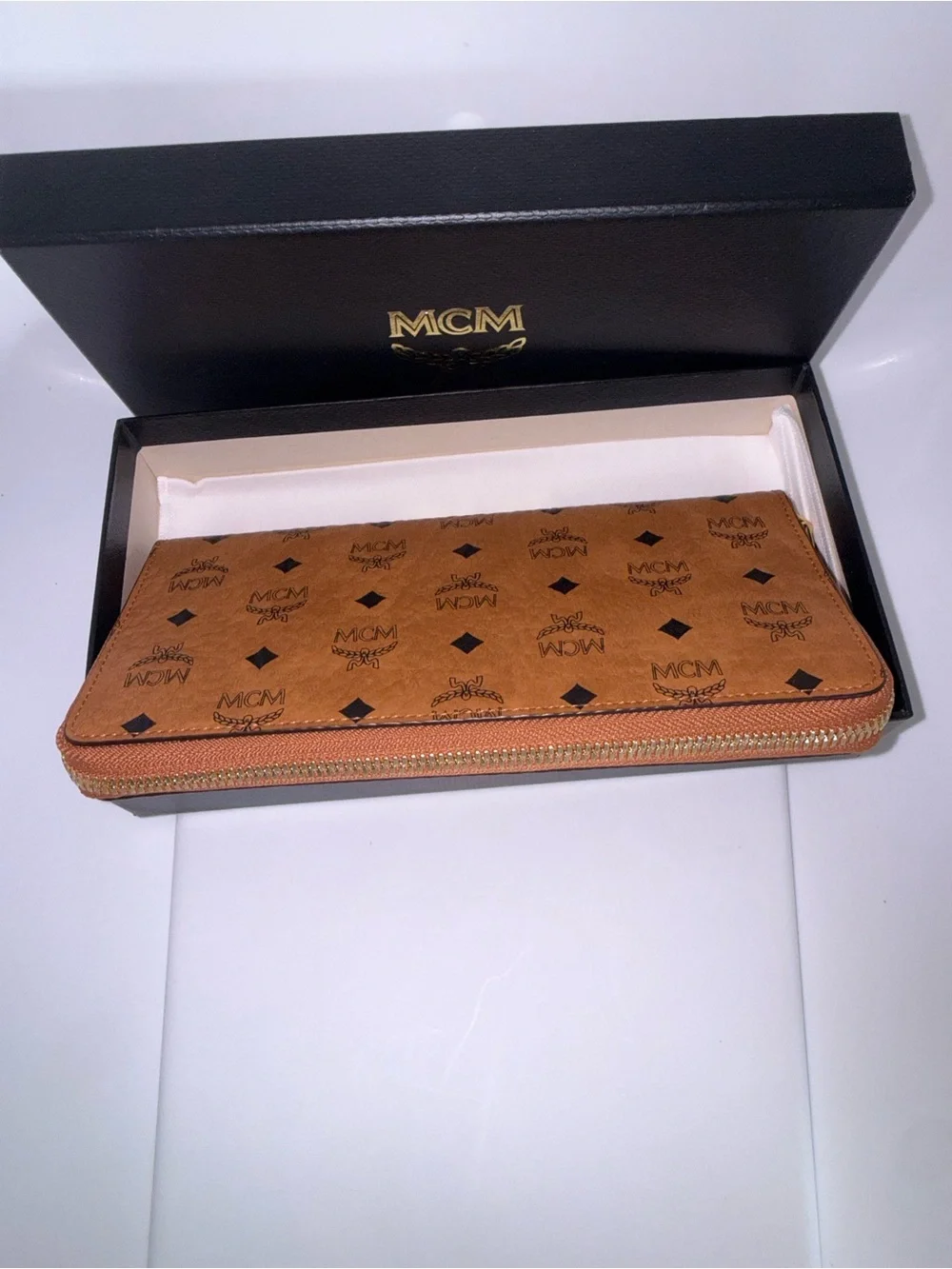 MCM Visetos Large Zip Around Wallet Cognac